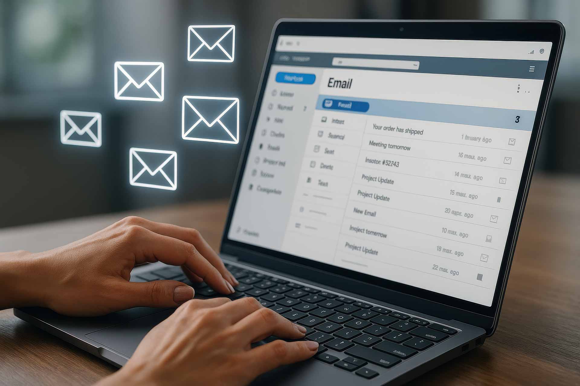Bild eines Laptops mit geöffneter E-Mail-Anwendung und schwebenden E-Mail-Icons.