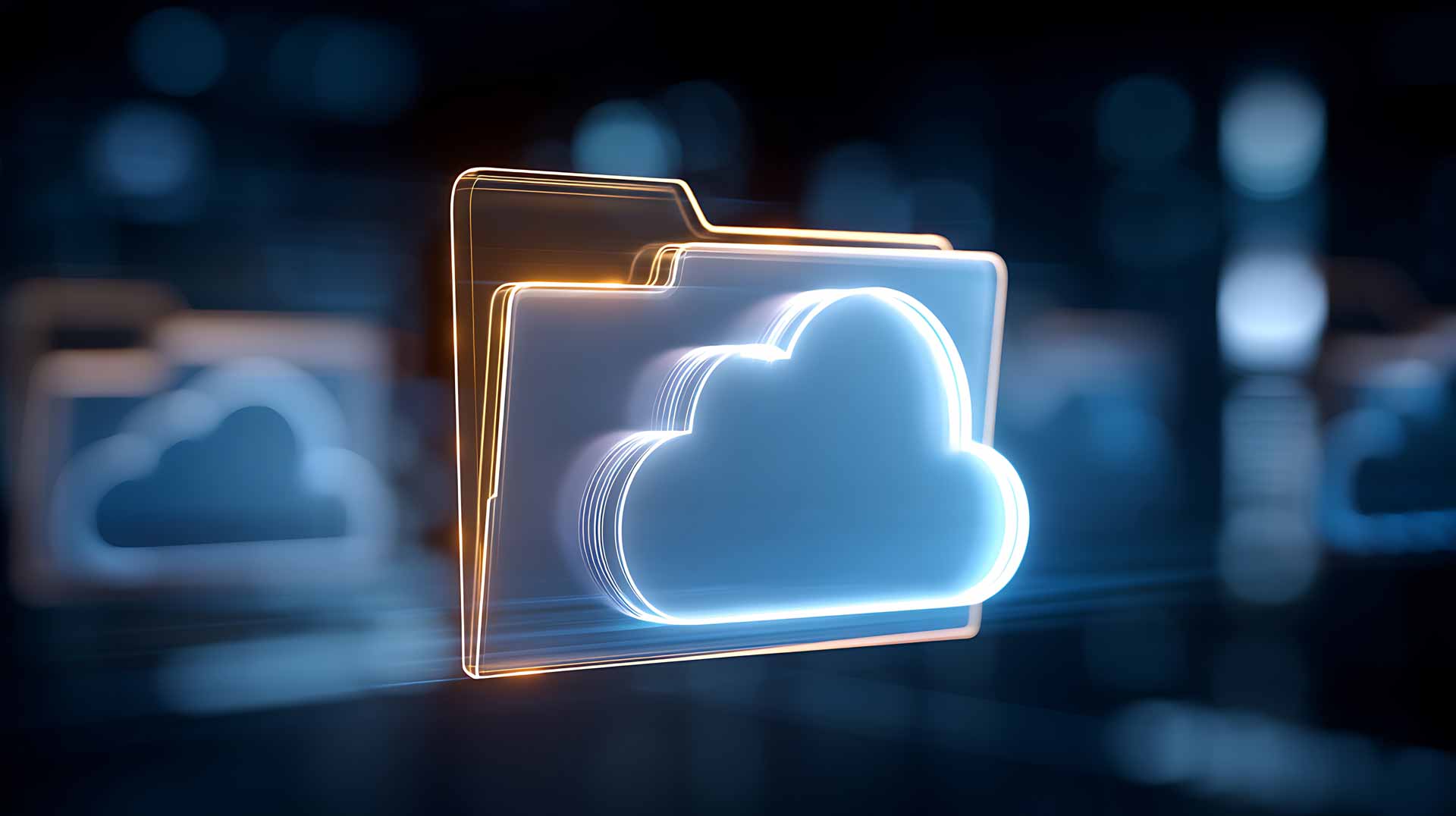 Holografisches Bild eines Ordners mit Cloud-Symbol auf dunklem Hintergrund.