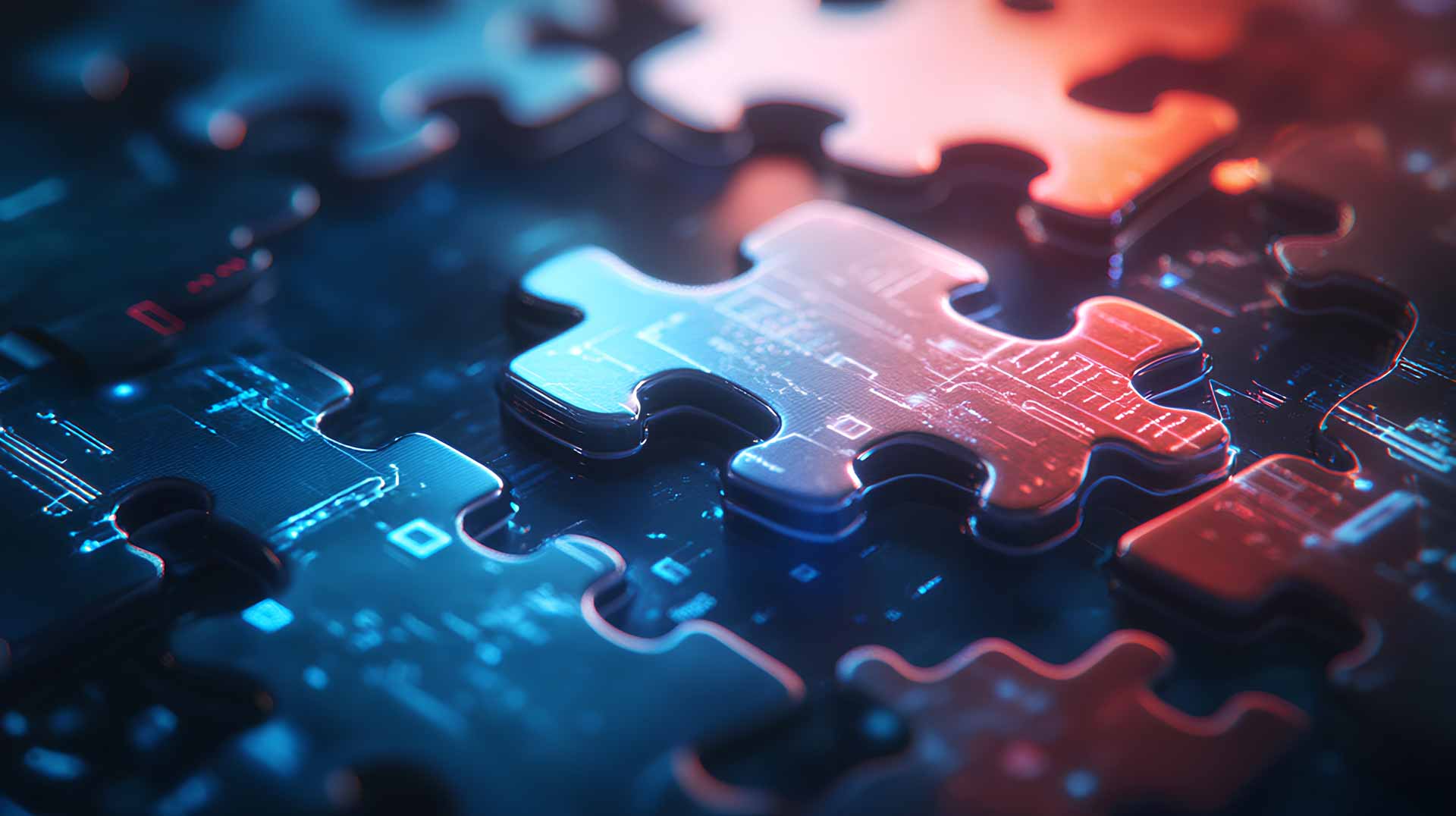 Digitale Puzzlestücke mit Schaltkreis-Muster in Blau und Rot.